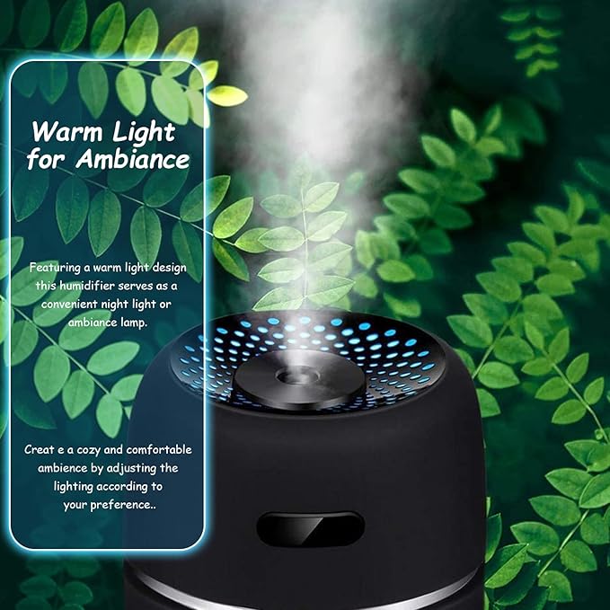 Car Humidifier, 200ml Round Mini Air Diffuser, Low Noise Warm Car Diffuser with Light, USB 2 Gear Air Freshener for Home Office Bedroom (Black)