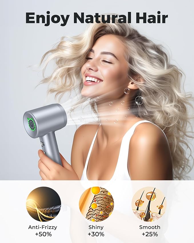 Hair Dryer - Negative Ionic Blow Dryer with 150000 RPM High Speed Brushless Motor for Fast Drying, Low Noise, HD Display Hair Dryer with Diffuser and Nozzle, 4 Temps & 3 Speeds
