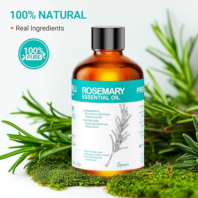 Rosemary Essential Oil with Glass Dropper 3.38 fl oz, 100% Natural Oil for Hair Care, Scalp Massage, Diffuser, Aromatherapy, Soap and Candle Making, Self Care Use