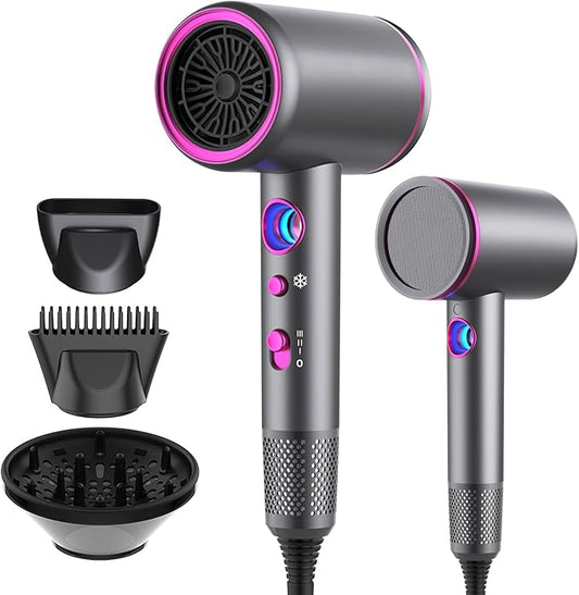Hair Dryer, Professional Ionic Hair Dryer, Powerful 2200W Fast Drying Low Noise Blow Dryer with 2 Concentrator Nozzle 1 Diffuser Attachments for Women and Men (Gray)