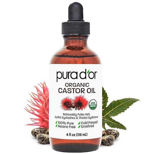 PURA D'OR 4 Oz Organic Castor Oil – Pure Cold-Pressed, Hexane-Free, USDA Certified – Lashes, Brows, Hair Relaxer, Scalp, Skin – Moisturizer Supporting Softness, Strength, Hydration, Shine & Radiance