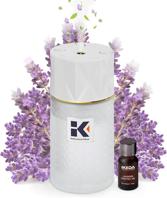 Ikeda Essential Oil Diffuser with Negative Ions, 250ml Glass Aromatherapy Diffuser with 10mL Lavender Essential Oil,3 Modes & 2000 mAH Battery Operated Car Diffuser with Night Light for Home,White