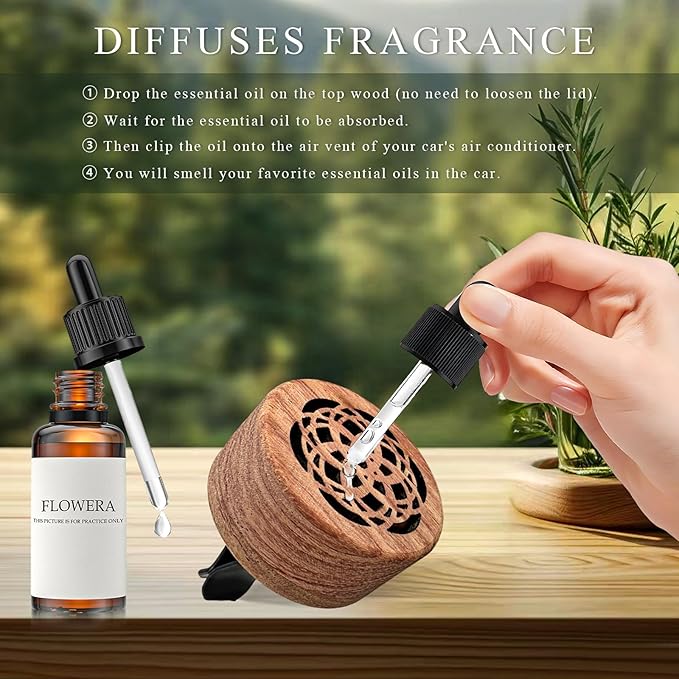 KVAEY 2 PCS Wood Car Essential Oil Diffuser, Wooden Aromatherapy Essential Oils Diffuser with Vent Clip, Wood Vent Clip Air Freshener for Vehicle Office Home Bedroom (Heart Flower)