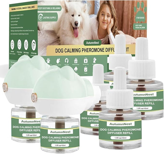 Dog Pheromone Diffuser Kit, Pet Diffuser for Stress Support, Reduces Stress and Promotes Relaxed Behavior, 2 Plug-in + 4 Packs Refill, 120 Day Supply (Non-Toxic, Safe & Inedible), Diffuser with Light