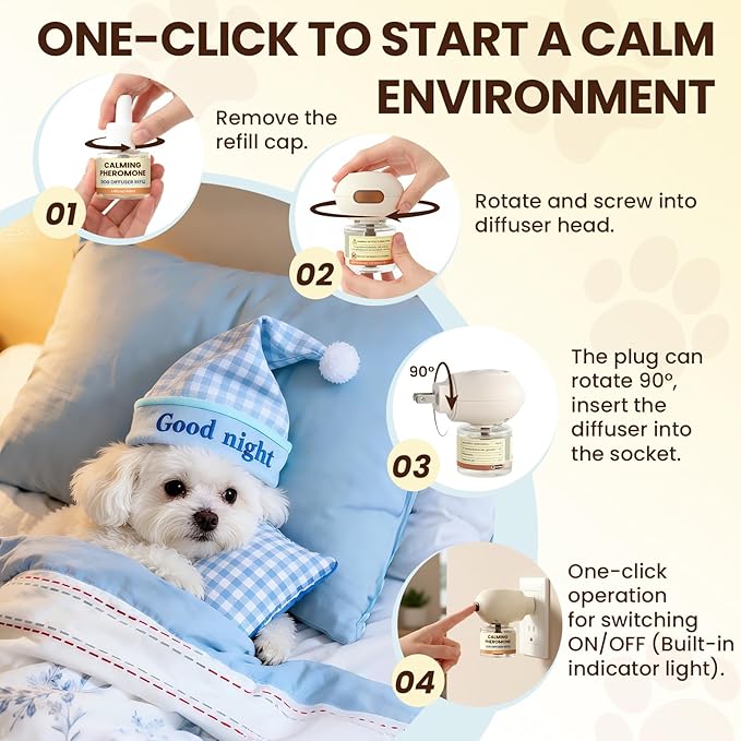 Dog Pheromones Calming Diffuser to Calm Dogs 4 IN 1 Kit (2 Diffusers+2 Refills) Pheromone Plug In for Stress Barking Pee Accidents Chewing Aggression Separation Anxiety Relief 60 Days(Odorless)