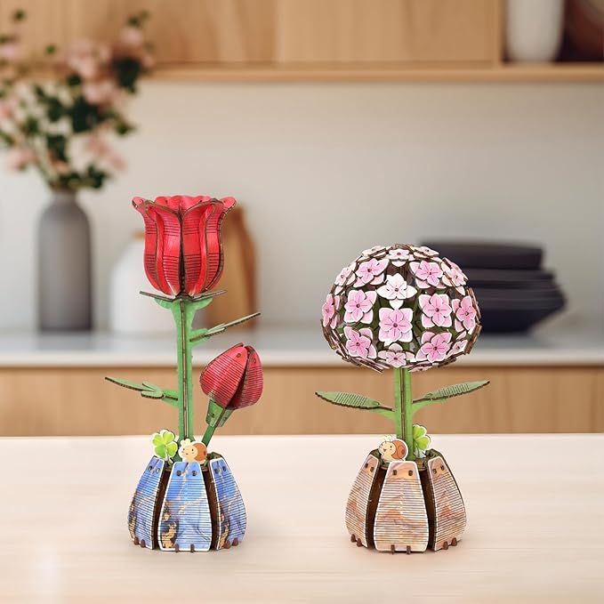 Jege 3D Flower Wooden Puzzles for Adults, DIY Building Set with 2 Flowers, 2 Perfume Bottles & Diffuser Sticks, Creative Craft Gifts & Home Decor (Rose + Hydrangea)