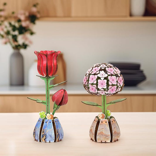 Jege 3D Flower Wooden Puzzles for Adults, DIY Building Set with 2 Flowers, 2 Perfume Bottles & Diffuser Sticks, Creative Craft Gifts & Home Decor (Rose + Hydrangea)