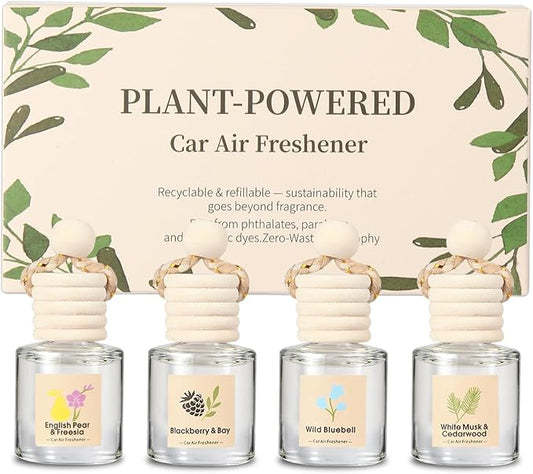 Hanging Car Air Freshener 4-Pack, Essential Oil Car Diffuser for Rearview Mirror, Aesthetic Auto Decor & Odor Eliminator Set (Autumn Pear, Woodland Bluebell, Dark Berry, Cedarwood)