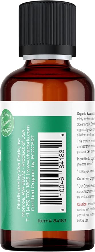 Viva Doria Spearmint Essential Oil, USDA Certified, Organic Spearmint Oil, 100% Pure, Natural Essential Oil, Undiluted, for Aromatherapy | Food Grade, 30 mL (1 Fluid Ounce)