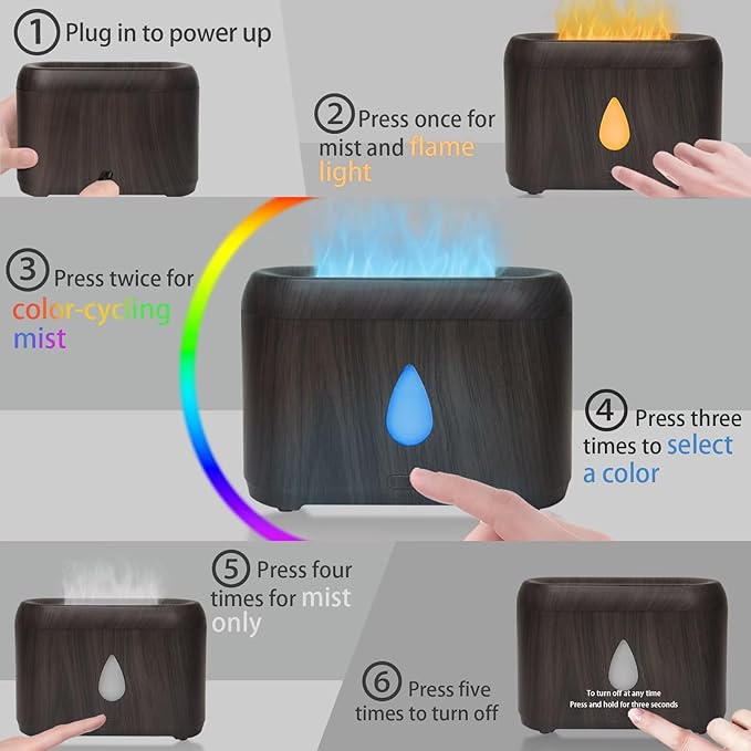 Flame Diffuser for Essential Oils, 200ml Ultrasonic Aroma Diffusers with Cool Mist, Aromatherapy Diffuser with Auto-Off Protection, Small Humidifier for Home,Office,Bedroom,Gift (7 Colors Darkwood)