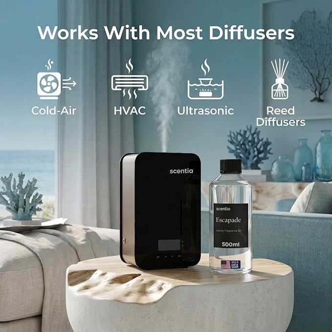 Scentia Escapade Diffuser Oil for HVAC Scent Machine – Hotel Fragrance Inspired by 5-Star Resort – 500 mL – Jasmine, Bergamot & Marine Oil for Commercial & Cold Air Diffusers, Made in USA