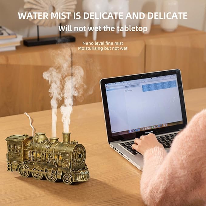 Train Humidifier - 300ml Capacity, Retro Train Essential Oil Diffuser with 2/8 Hours Timing Function, Dual Mist Outlets, Train Diffuser Cool Mist for Home Decor, Relaxation & Gifts (Copper)