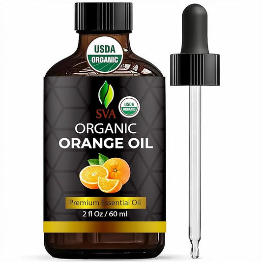 SVA Orange Essential Oil Organic – 2 Fl Oz – 100% Natural Organic Orange Oil - for Diffuser, Hair, Face, Skin Care, Aromatherapy, Scalp and Body Massage, Soap and Candle Making - with Dropper