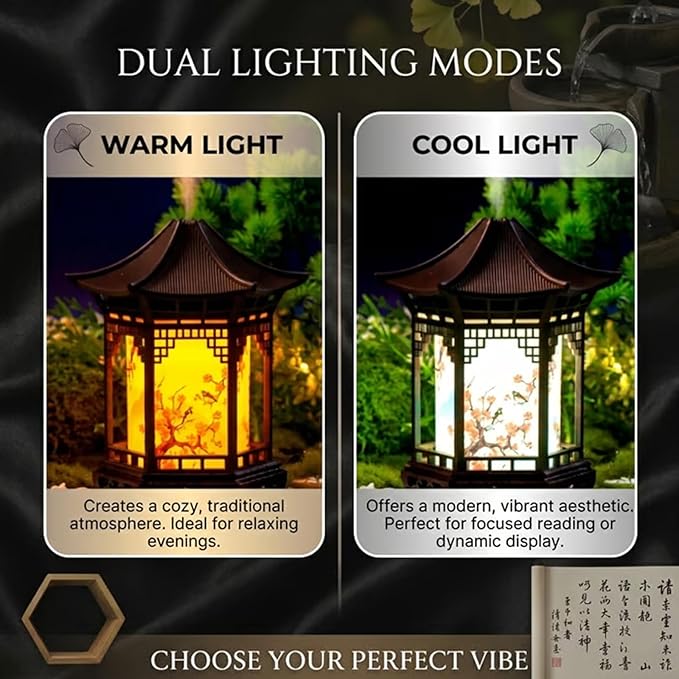 Zen Pavilion Lantern Aroma Diffuser & Night Light - 160ml Essential Oil Diffuser with 2 Mist Modes - Japanese Style Zen Garden Humidifier for Yoga, Meditation, Spa & Sleep - Warm/White Light (Light)