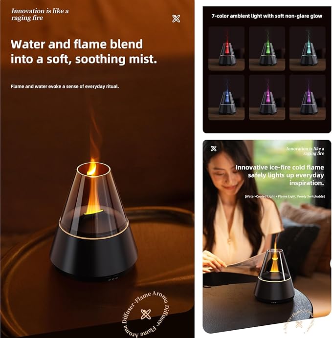 Ultrasonic Aroma Diffuser with Simulated Flame, 150ml, Timer and Auto-Off, LED Ambient Light (Black)