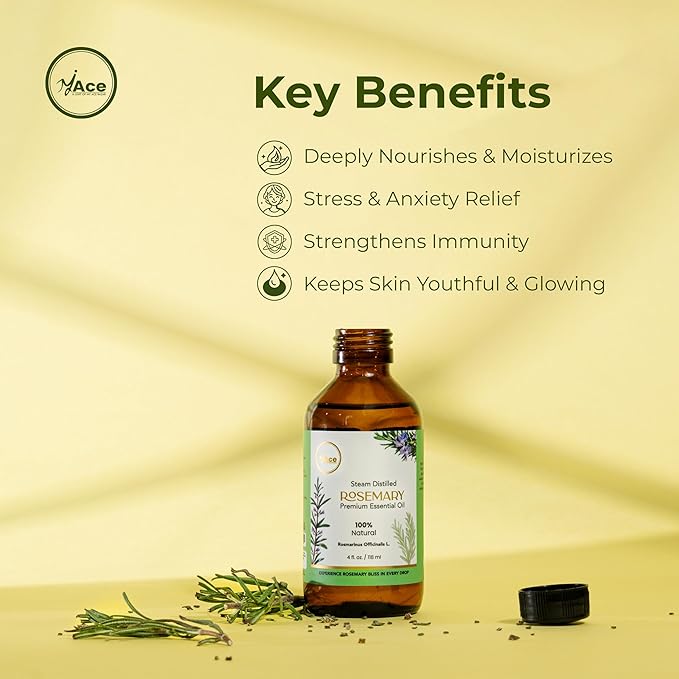 MyAce Rosemary Essential Oil – 100% Pure & Natural | Cold Pressed | for Skin Brightening, Hair Nourishment, Diffuser, Cleaning, Massage, Aromatherapy, DIY Soaps & Candles 4 Fl Oz