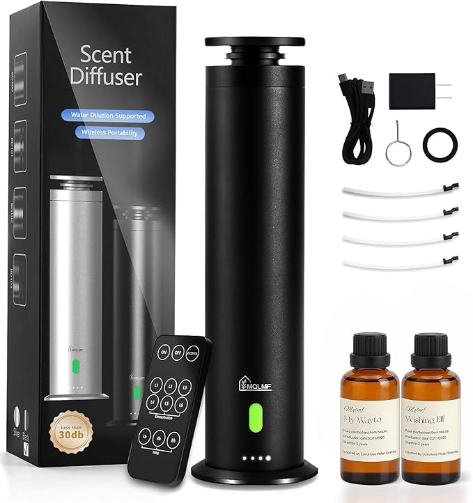 Hotel Collection Diffuser Machine,Remote,Rechargeable,Included 5 Scent Oils,Whisper-Quiet,Aluminum,1500 Sq Ft,Waterless Diffuser - Onyx Black