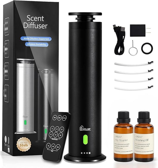 Hotel Collection Diffuser Machine,Remote,Rechargeable,Included 5 Scent Oils,Whisper-Quiet,Aluminum,1500 Sq Ft,Waterless Diffuser - Onyx Black