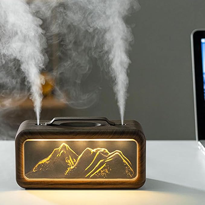600ml Essential Oil Diffuser, Dual Spray Mountain Aromatherapy Diffuser Cool Mist Humidifier with Light, Essential Oil Scent for Home Bedroom (Light Wood Grain)