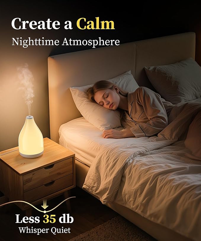 300ML Essential Oil Diffuser, Quiet Aromatherapy Diffuser Mist Humidifier with 7 Colors Light, Auto-Off, 1H/3H/6H Timer, Ultrasonic Room Scent Diffuser for Home, Office, White (No Remote)