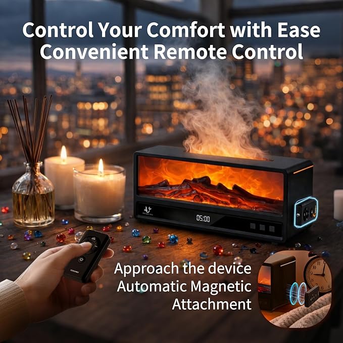 Fireplace Flame Humidifier with Magnetic Remote, 250ml Flame Diffuser, 7-Color Ambient Light, Quiet Aromatherapy Humidifier for Bedroom & Home Decor（matte black）