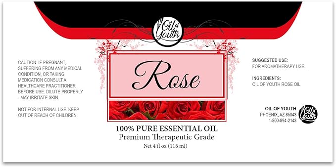 Oil of Youth Rose Essential Oil - Therapeutic Grade Aromatherapy Oil for Diffuser, Skin, Hair, Perfume & Candle Making - 4 fl oz with Dropper