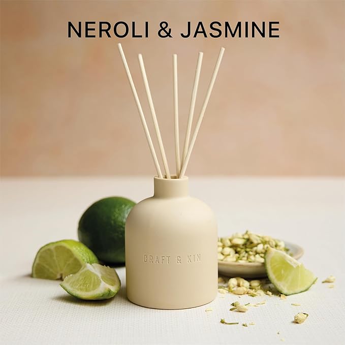 Craft & Kin Reed Diffuser for Home & Bathroom – Neroli & Jasmine Holiday Reed Diffuser Set with Fragrance Sticks, Long-Lasting Alcohol-Free Winter Scent, Earthenware Collection, 6.7oz