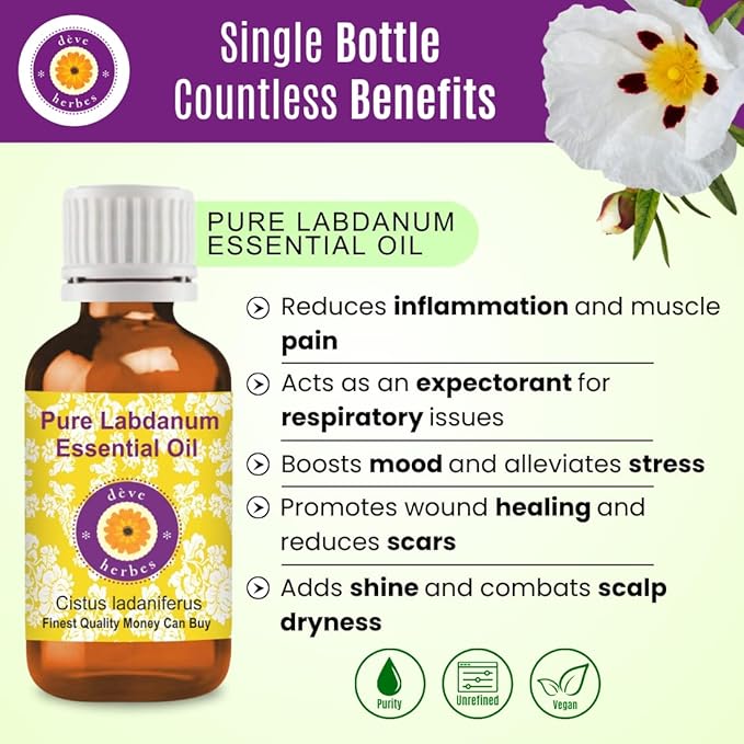 dève herbes Labdanum Essential Oil (Cistus ladaniferus) Pure | Viscous Texture | Rich Aroma | Unisex | All Skin Types | for External Use Only | Natural Extract | Steam Distilled 10ml (0.33 oz)