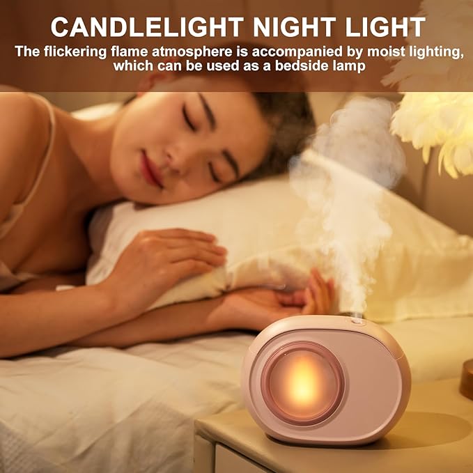 Humidifier for Bedroom, 400ml Desktop Fog Humidifiers, Essential Oil Diffuser with Dynamic Candlelight Flame Lamp, Suitable for Home, Travel & Plant Intelligent Anti Dry Burning Humidifier (Beige)
