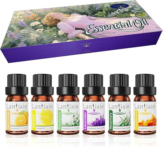 Lantixin Top 6 Essential Oils Set: Frankincense, Rosemary, Eucalyptus, Lavender, Sweet Orange, Lemon - Perfect Starter Kit for Diffusers, Aromatherapy Beginners - 6 x 0.3 oz (1.8 fl oz Total)