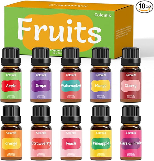 Fruity Fragrance Oil Set, 10x10ml, Colomix Essential Oils for Diffusers for Home, Fruit Diffuser Oil Scents, Fragrance Oil for Candle Soap Making, Orange, Strawberry, Apple Oil & More, Valentines Gift
