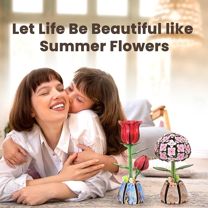 Jege 3D Flower Wooden Puzzles for Adults, DIY Building Set with 2 Flowers, 2 Perfume Bottles & Diffuser Sticks, Creative Craft Gifts & Home Decor (Rose + Hydrangea)