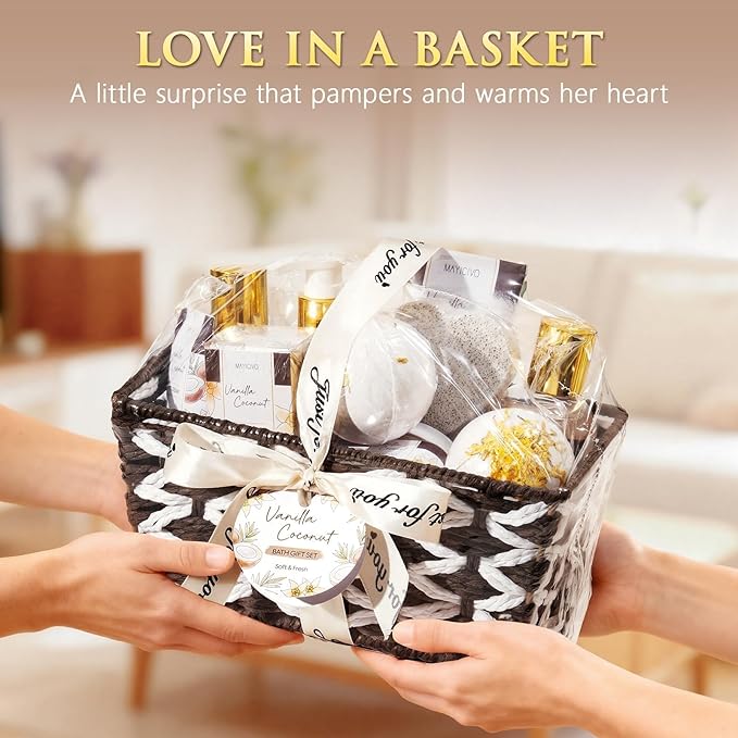 Mothers Day Birthday Gifts for Women, Vanilla Coconut Relaxing Spa Gift Baskets for Women Self Care Package Bath Gift Set, Home Bath and Body Kit Pampering Gifts for Womens Her Mom Friends Sister Wife