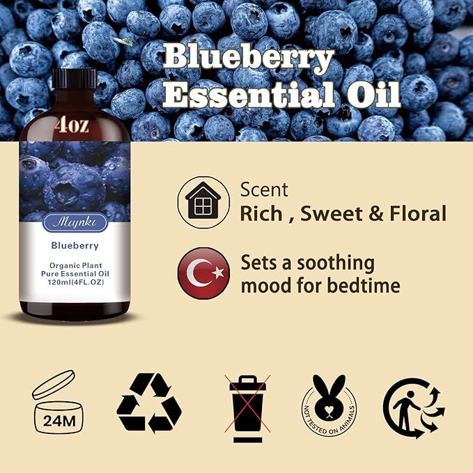 Blueberry Essential Oil – MLYNKL Blueberry Oils 4.33 fl oz for Diffusers, Humidifiers, Massage, DIY Candles, Soap, Cleaning, Home, Yoga, Office, Gifts - 130 ml