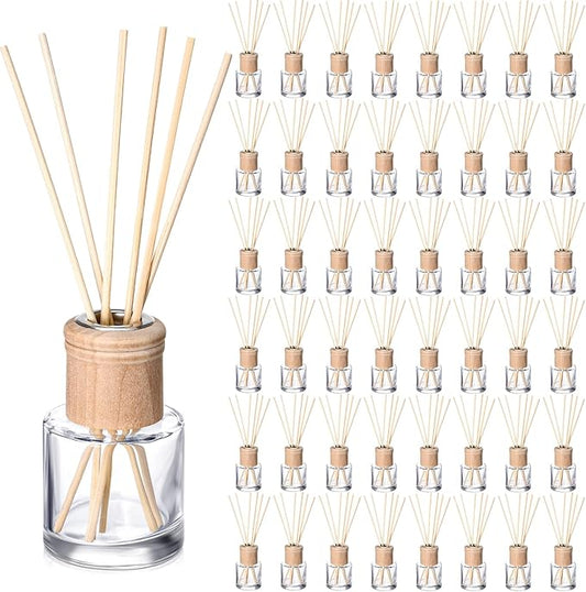 Roshtia 50 Set Reed Diffuser Bottle Empty Refillable Fragrance Glass Diffuser Bottles Set with Wooden Caps Sticks 50ml 1.7 oz Round Glass Jars for DIY Fragrance