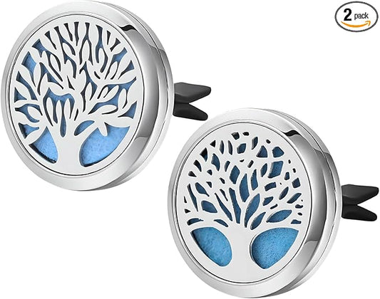 KVAEY 2PCS 30mm Car Diffuser Vent Clips, Tree of Life Aromatherapy Essential Oil Diffuser Locket with 12 Felt Pads, Stainless Steel Car Diffuser Locket Air Freshener (Style 3)