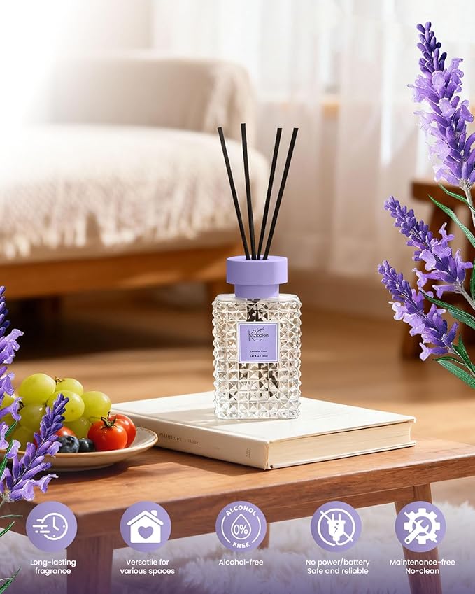 Reed Diffuser Set, Lavender Linen Scented Home Fragrance Air Freshener for Bathroom Shelf Decor, 5.07 fl oz/150ml Essential Oil with Sticks