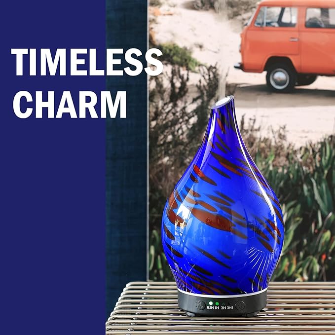 Porseme Essential Oil Diffuser Hand-Blown Glass Aroma Diffusor, Aromatherapy Unltrasonic Cool Mist deffuser, 7 Color Changing, Waterless Shut-Off, Timer Function for Home Office(150ml, Cobalt Blue)