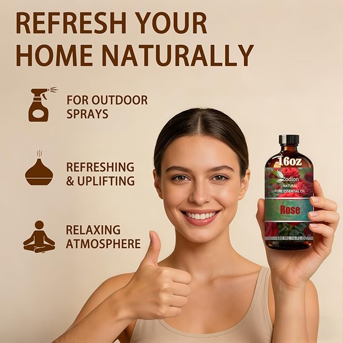 Rose Essential Oil, 16 fl oz (480ml) - ZODION Rose Fragrance Oil for Diffuser, Massage, Humidifier, DIY Candle, Soap Making, Home, Bath, Yoga