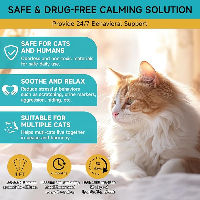 Woyamay Cat Calming Diffuser Refills - 4 Pack Cat Pheromones Calming Diffuser for Cat Anxiety Relief, Cat Pheromone Diffuser, 120 Days Pheromone Diffuser to Calm Cats, Fits All Common Diffuser Heads
