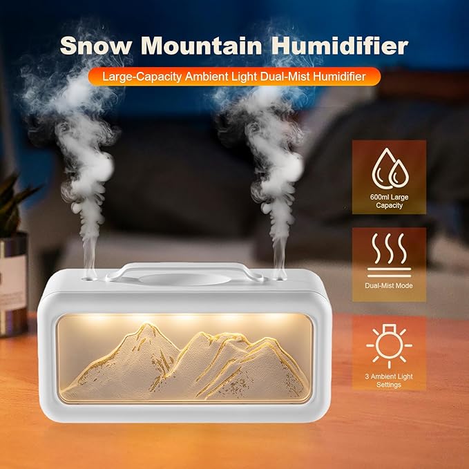600ML Dual Mist Spray Snow Mountain Essential Oil Diffuser with 3 Modes Night Light USB Desktop Humidifier for Bedroom Home Office