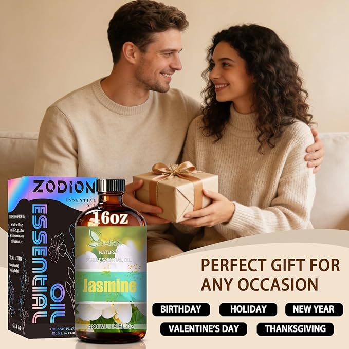 Jasmine Essential Oil, 16 fl oz (480ml) - ZODION Jasmine Fragrance Oil for Diffuser, Massage, Humidifier, DIY Candle, Soap Making, Home, Bath, Yoga