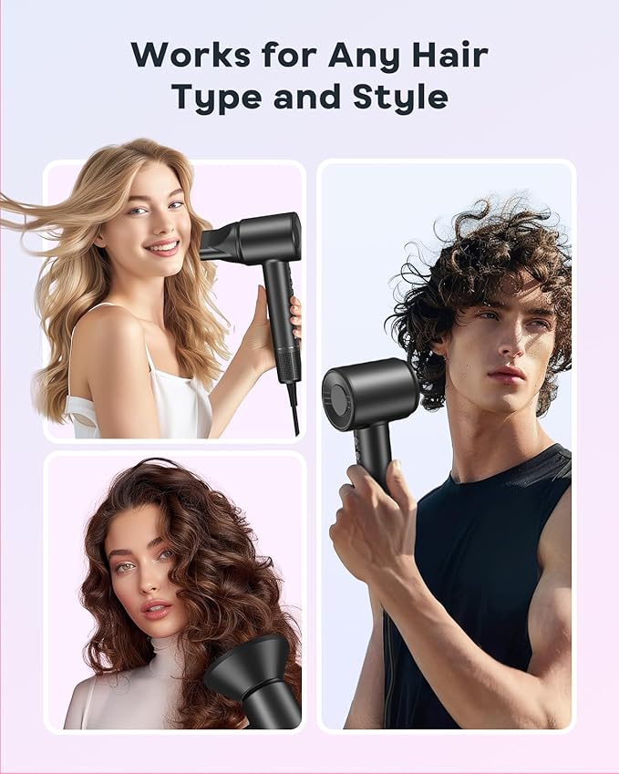 Bopcal Hair Dryer, Ionic Hair Dryer with Diffuser, 150,000 RPM Professional High-Speed Blow Dryer, 500M Negative Ions Fast Drying, Lightweight Low Noise for Curly & Straight Hair, Travel Friendly