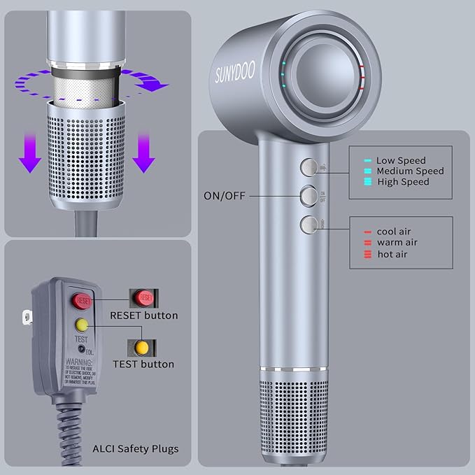 Hair Dryer with Diffuser and Nozzle,High Speed Hair Dryer with Brushless Motor for Fast Drying,Low Noise Thermo-Control (Grey)