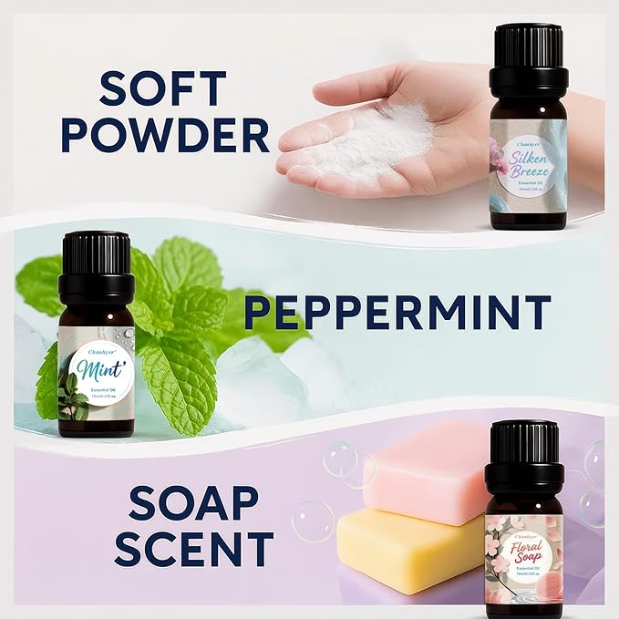 Clean Essential Oils Set 6 x 10ml–Fresh Linen, Mint,Clean Home,Silken Breeze, Fresh Cotton, Floral Soap for Diffuser, Home Fragrance