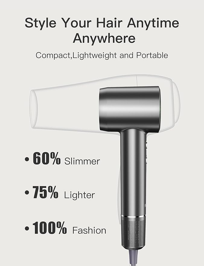 Negative Ionic High-Speed Hair Dryer with 11,0000 RPM Brushless Motor for Fast Drying, Professional Blow Dryer with Diffuser and Nozzle, Low Noise Hairdryer for Salon Home Travel