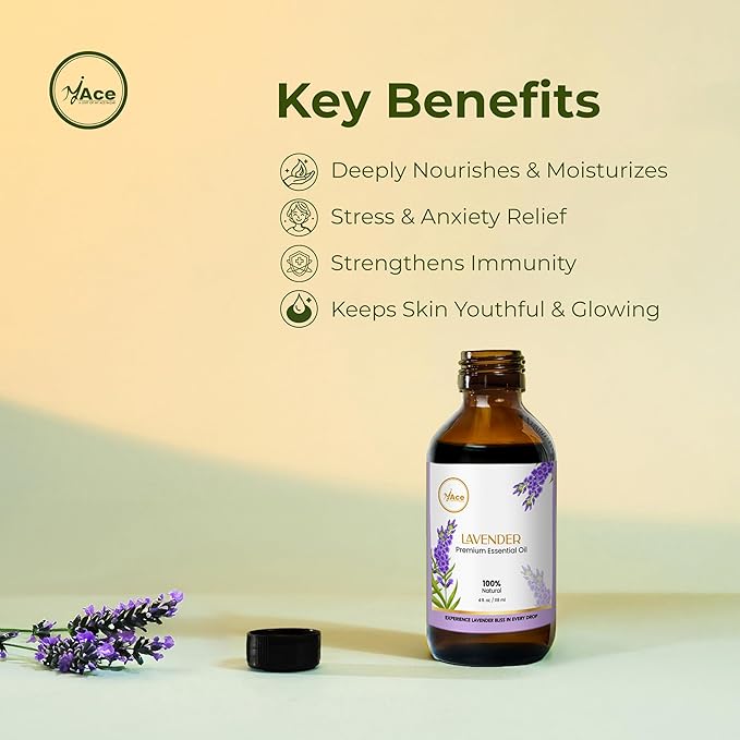 My Ace Lavender Essential Oil 4 fl oz – 100% Pure & Natural Lavandula Angustifolia – Undiluted Steam Distilled Oil for Diffuser, Aromatherapy, Skin, Hair & DIY Candle Making
