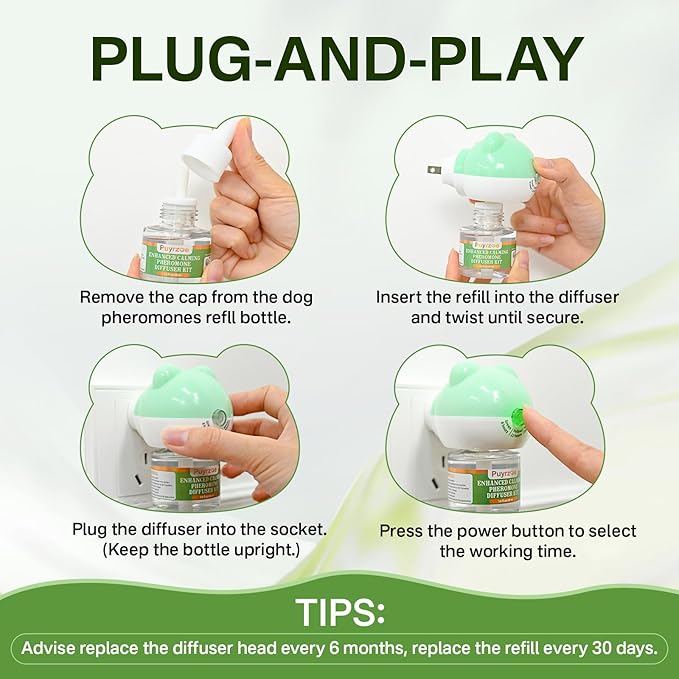 puyrzoe Dog Calming Diffuser with Timing Functions, 3-in-1 Dog Anxiety Relief Diffuser Kit, 120-Day Anxiety Relief, Stress Relaxation Pheromones Calming for All Dogs (1 Diffusers + 2 Refills)
