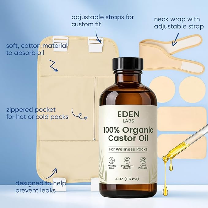 Castor Oil Pack, Organic Cotton Castor Oil Detox Pack Kit Bundle for Gut Cleansing, Digestion Aid, Muscle Relaxation & Detox, Reusable & Comfortable
