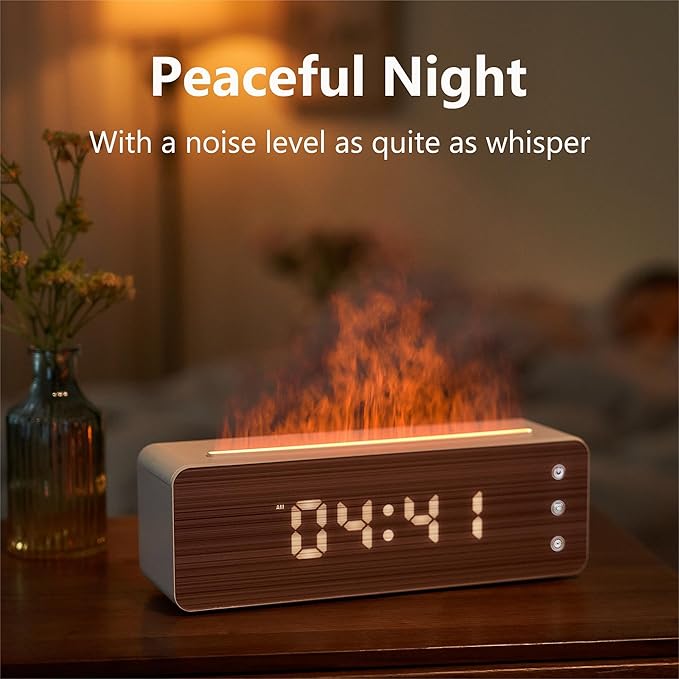 ClocTeck Flame Diffuser Humidifier, 700ml Large Fire Diffuser Humidifier for Desk, Full-Color Adjustable, Time & Humidness Display, 26dB Quiet, Cool Mist Diffuser, Essential Oil Diffuser for Bedroom